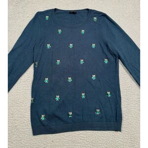 Talbots Petite Navy Blue Owl Embroidered Crew Neck Sweater Size SP